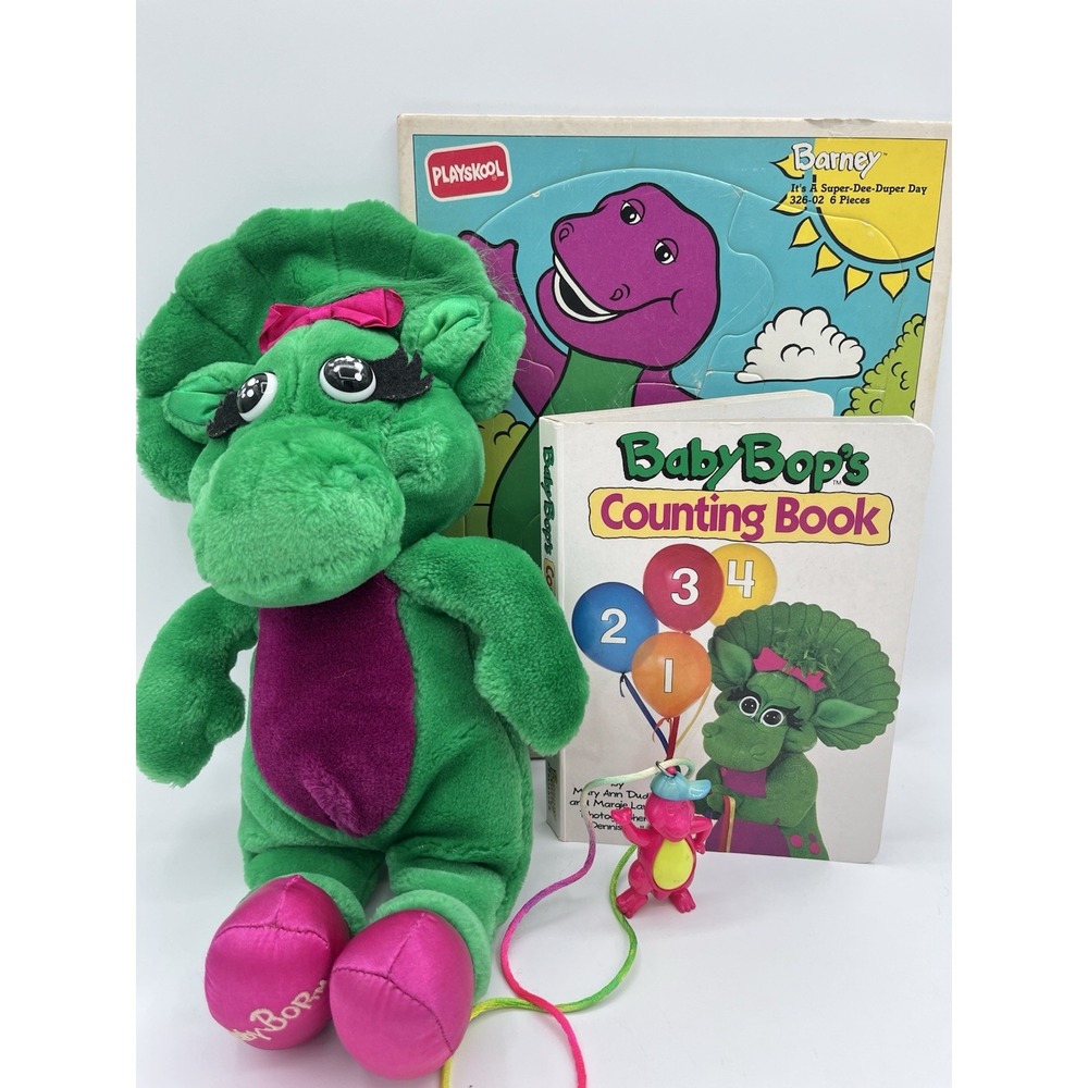 Vintage 1992 Baby Bop Barney Dinosaur Plush 13" Puzzle Book Figure Lot
